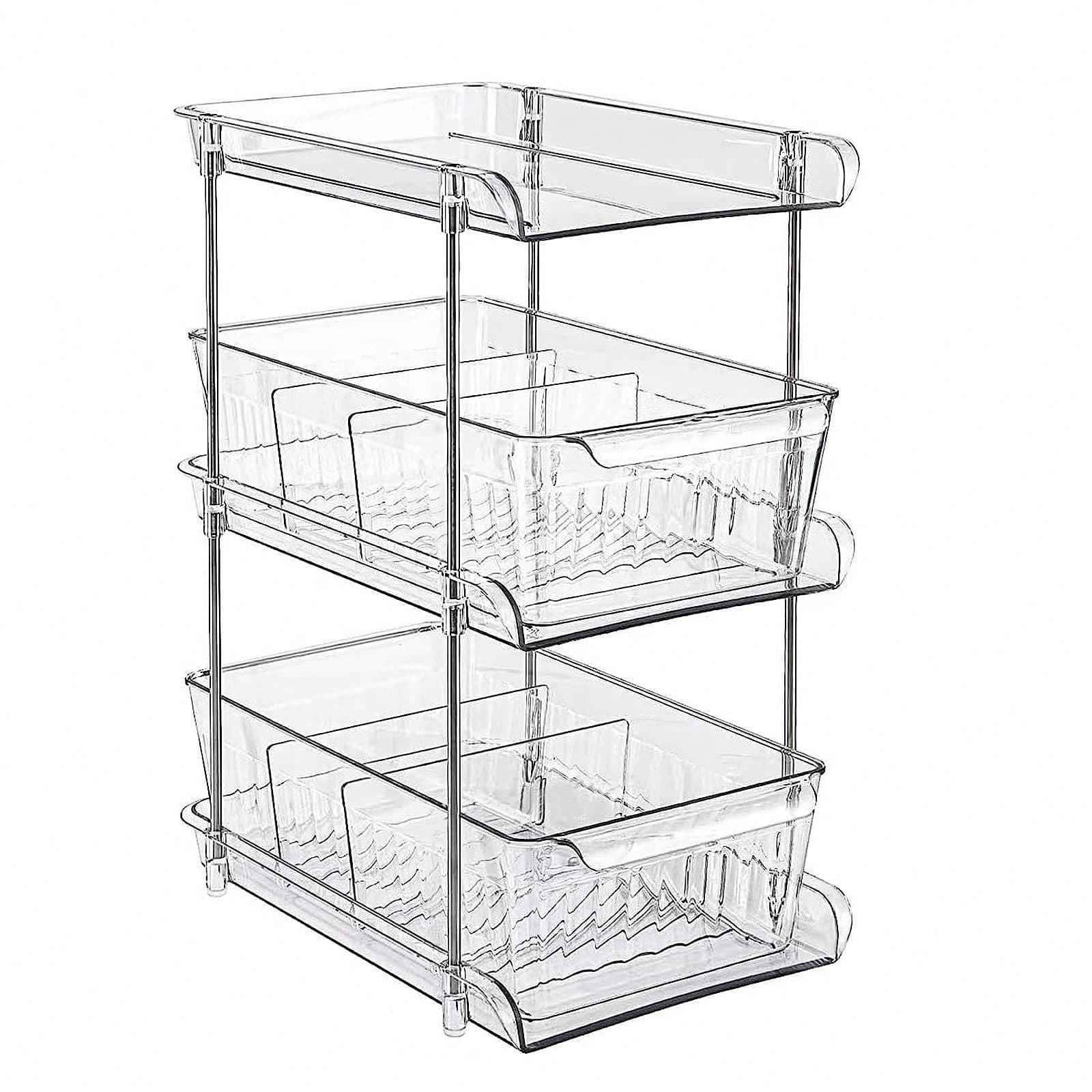 Organisateur de salle de bain à 3 niveaux avec séparateurs, organisateur coulissant et rangement, organisateur transparent polyvalent à 3 niveaux